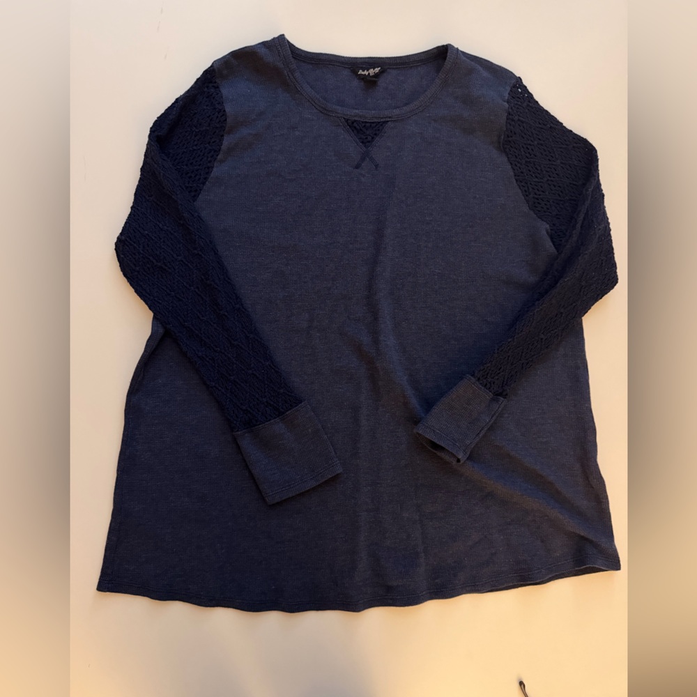 Navy Knit Lace Sleeve Long Sleeve Top